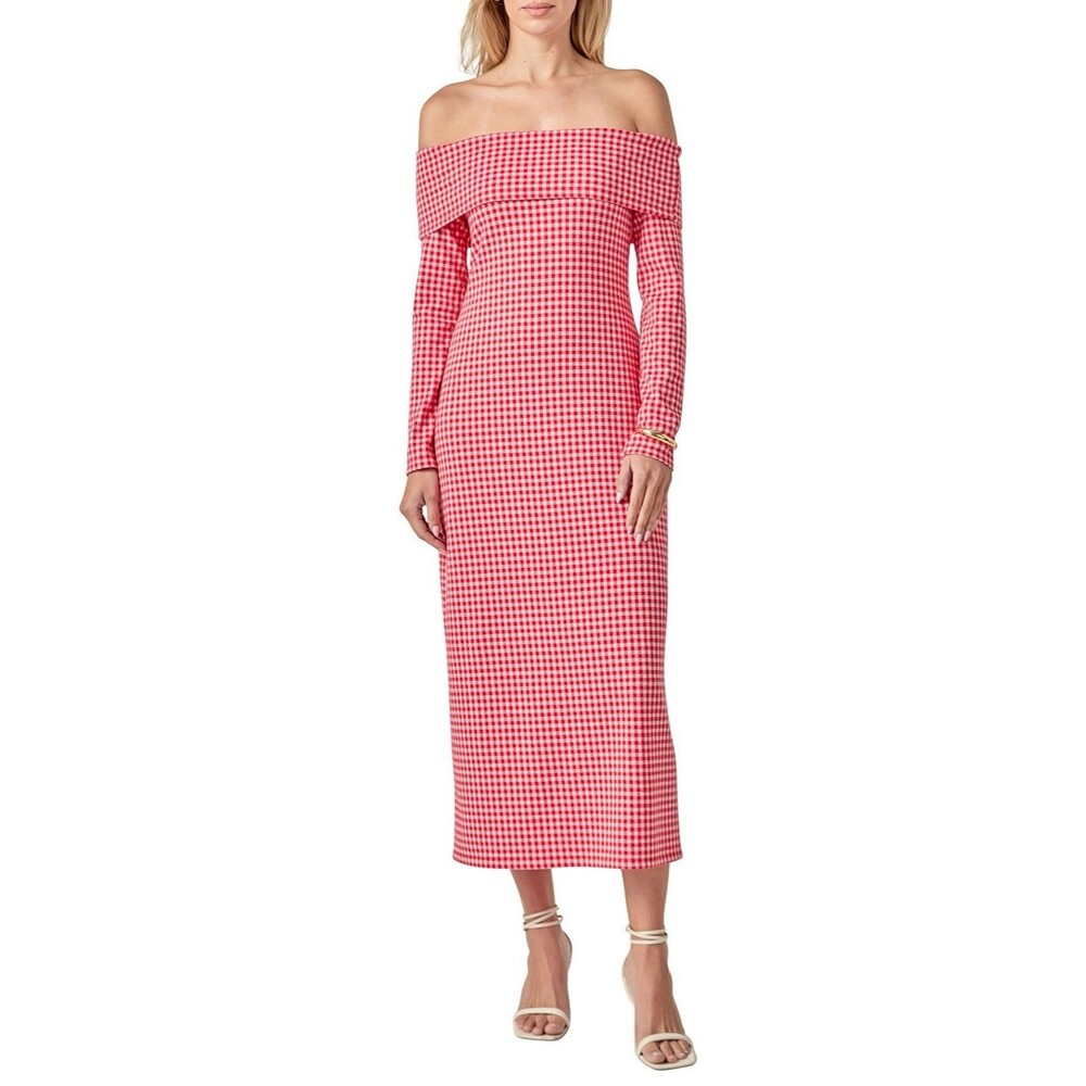 ANTHROPOLOGIE ENGLISH FACTORY Women's 3X Midi Dress Gingham Red Off Shoulder